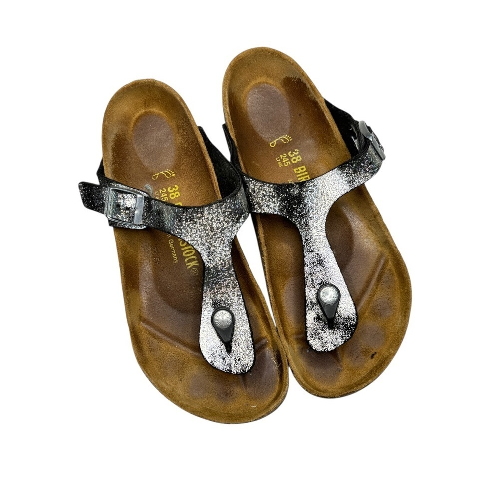 Birkenstock silver and Black metallic thong Sandals size 7